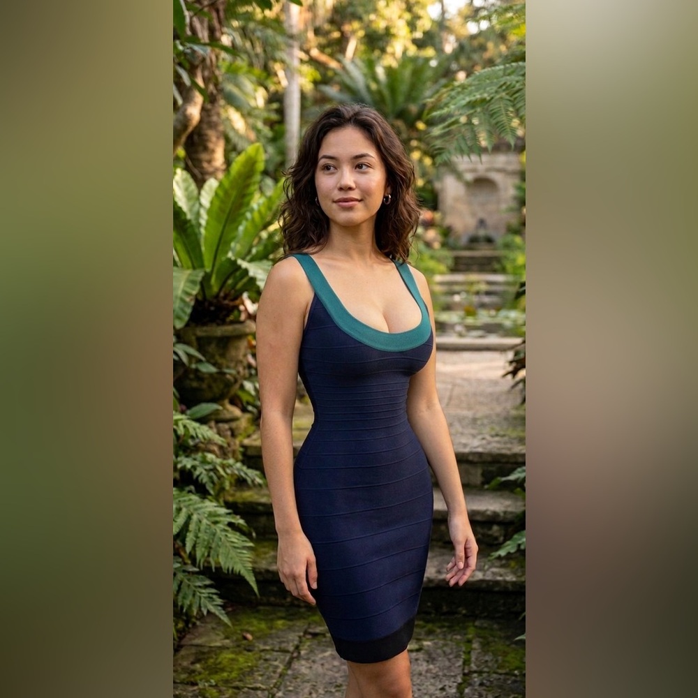 Herve Leger "Tasha" navy and teal scoop neck bandage